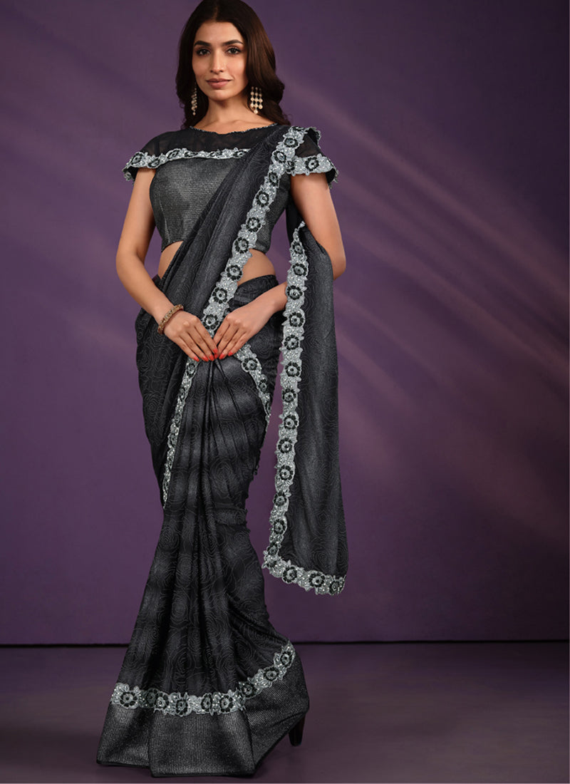 Black Embroidered Lycra Party Wear Ready-to-Wear Saree