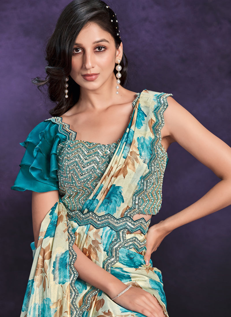 Beige & Blue Embroidered Satin Printed Ready-to-Wear Saree