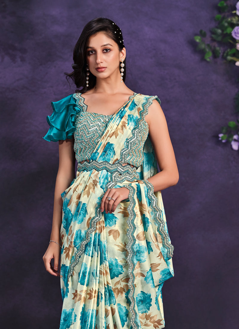 Beige & Blue Embroidered Satin Printed Ready-to-Wear Saree