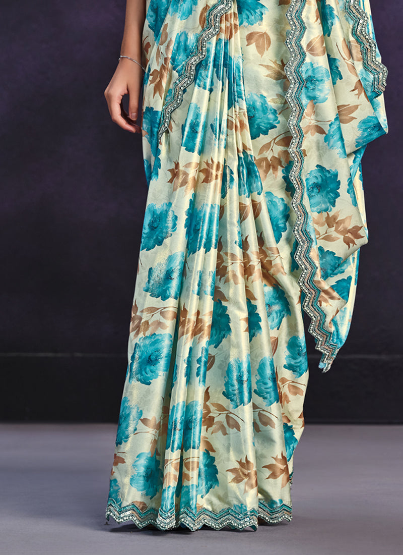 Beige & Blue Embroidered Satin Printed Ready-to-Wear Saree