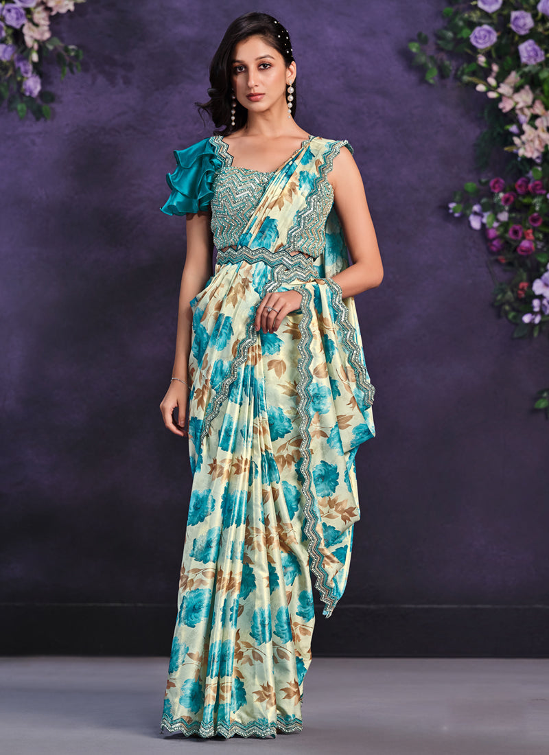 Beige & Blue Embroidered Satin Printed Ready-to-Wear Saree