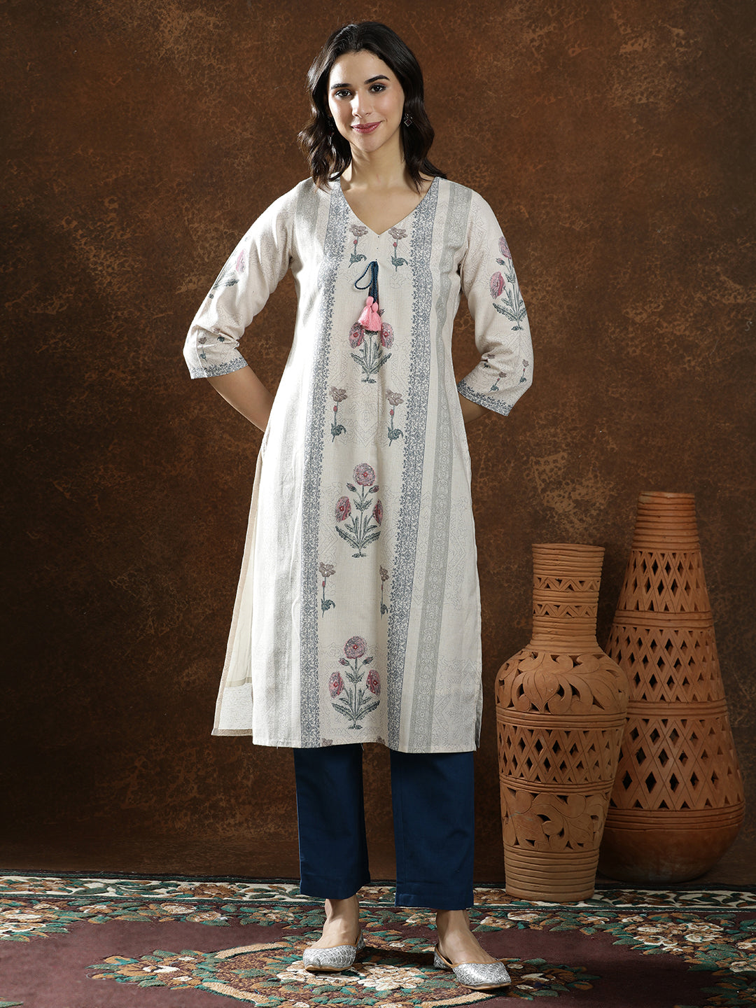Floral Embroidered Straight Linen Kurta & Trousers Sets