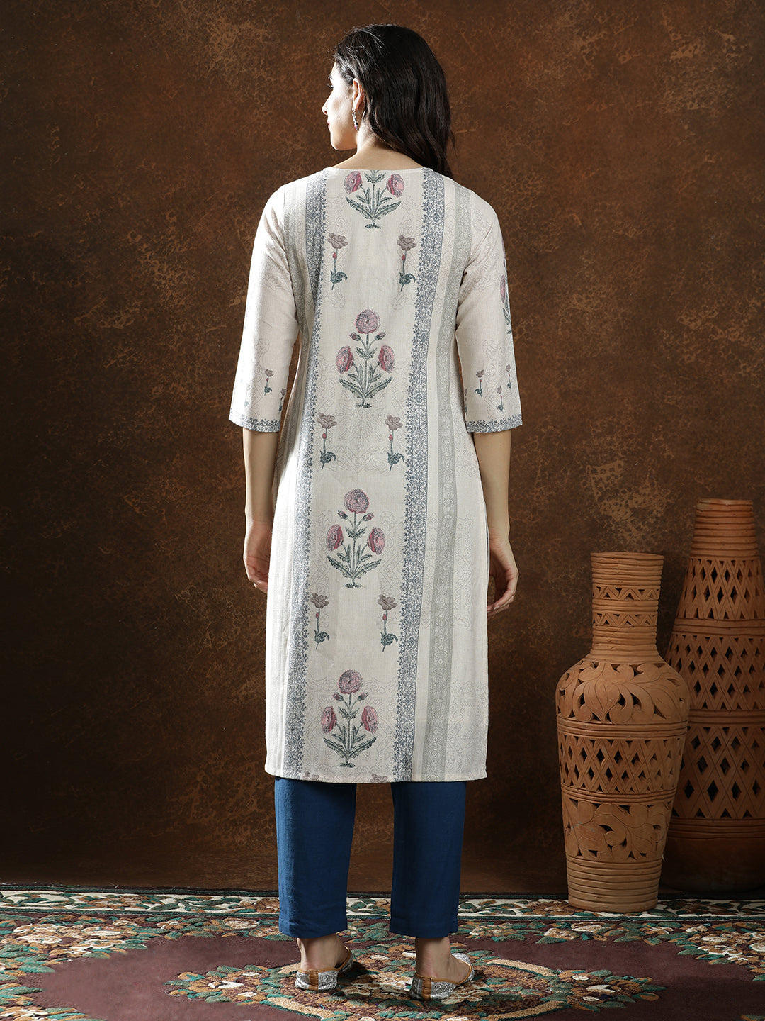Floral Embroidered Straight Linen Kurta & Trousers Sets