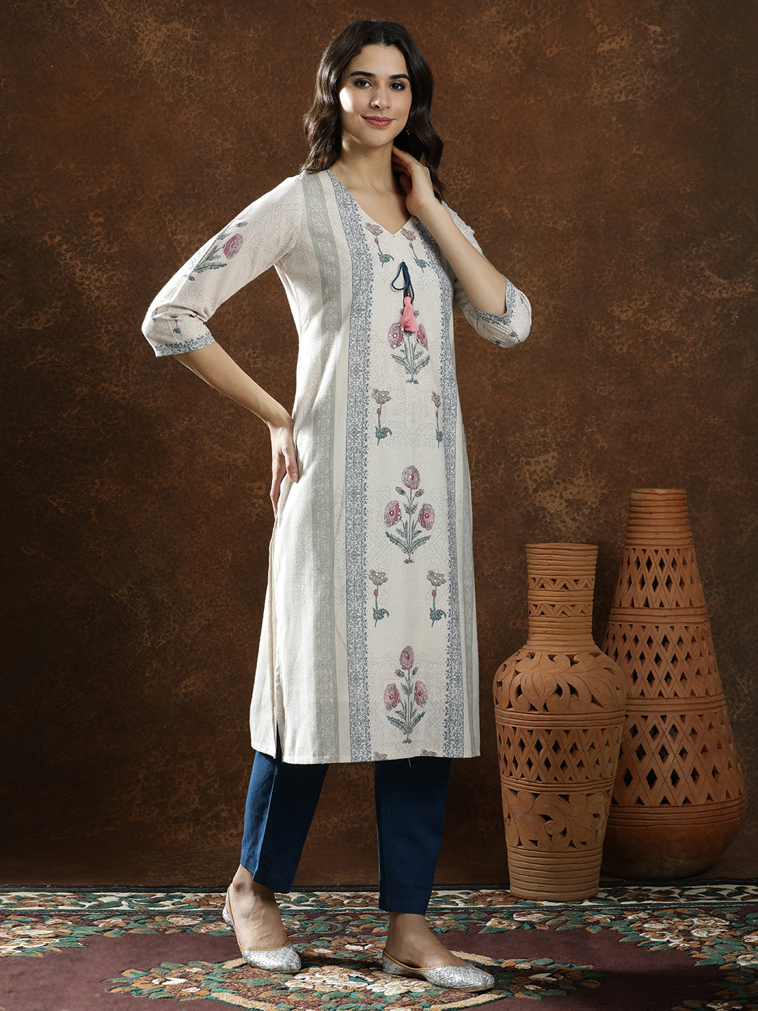 Floral Embroidered Straight Linen Kurta & Trousers Sets