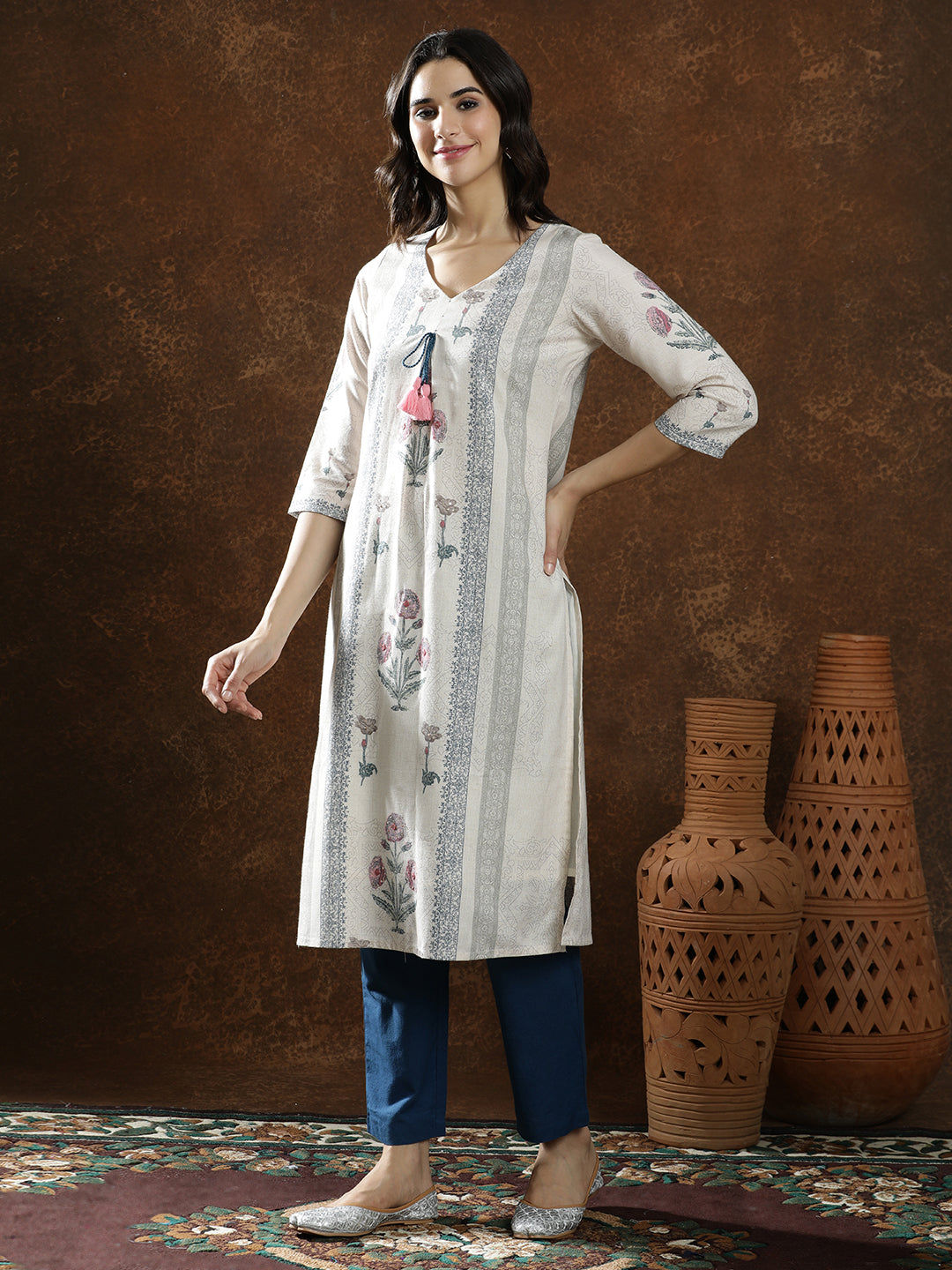 Floral Embroidered Straight Linen Kurta & Trousers Sets