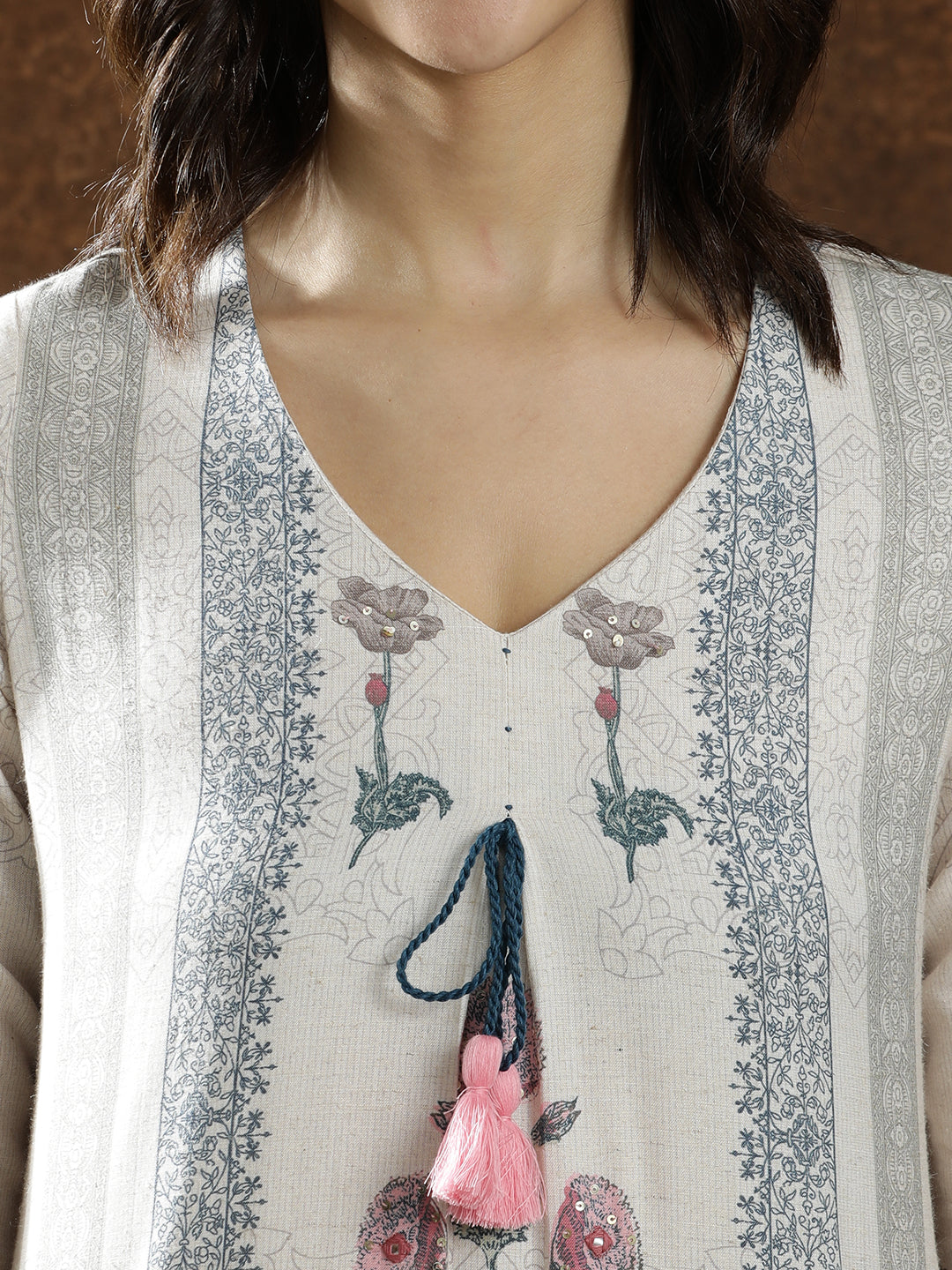 Floral Embroidered Straight Linen Kurta & Trousers Sets