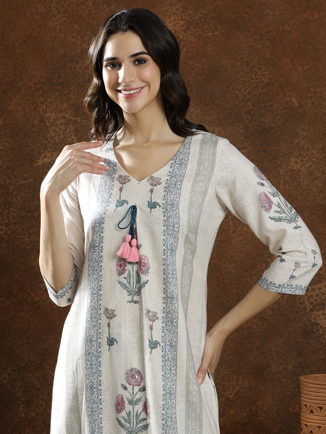 Floral Embroidered Straight Linen Kurta & Trousers Sets