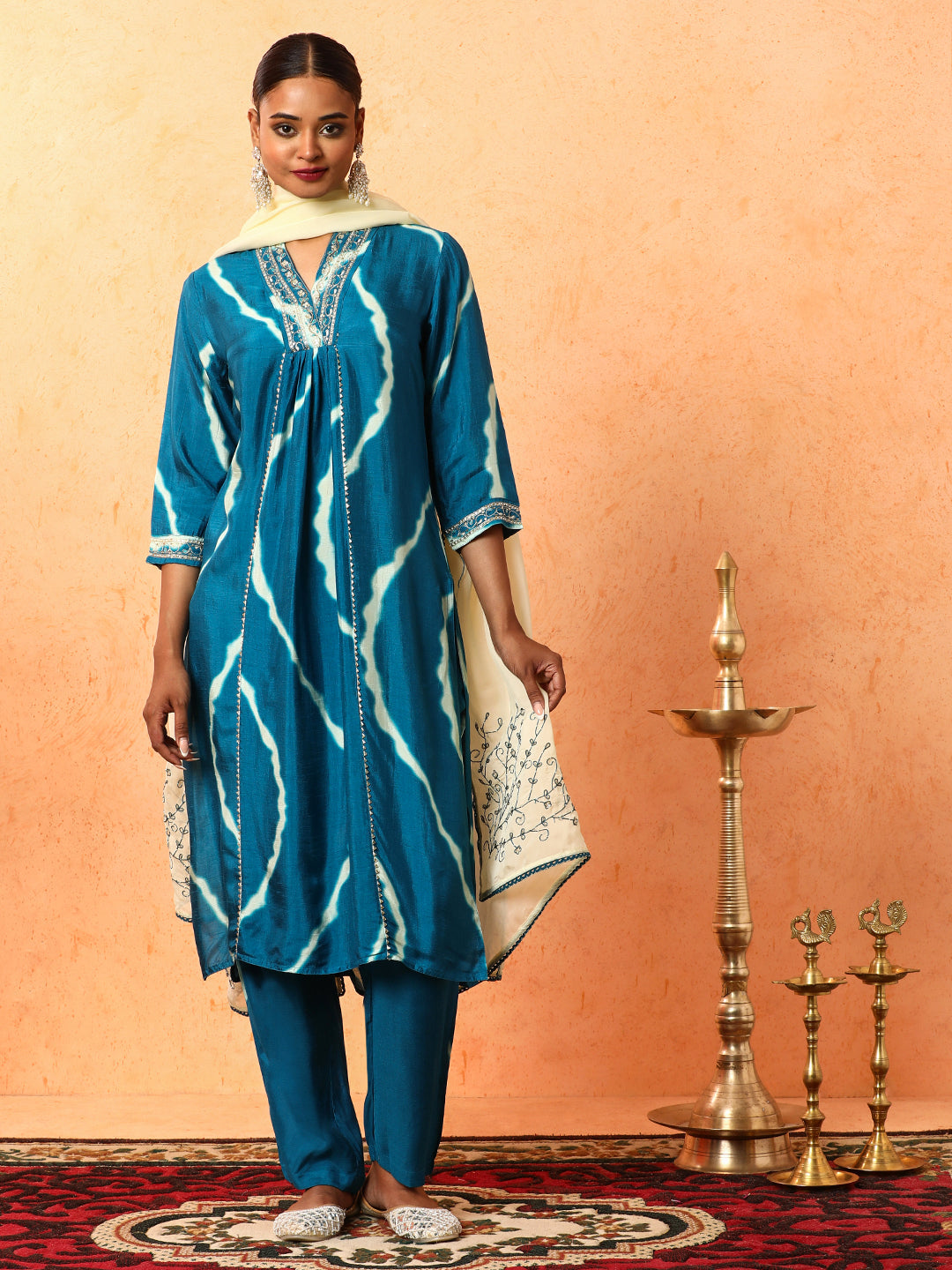 Floral Embroidered A-Line Silk Blend Kurta & Trousers Sets