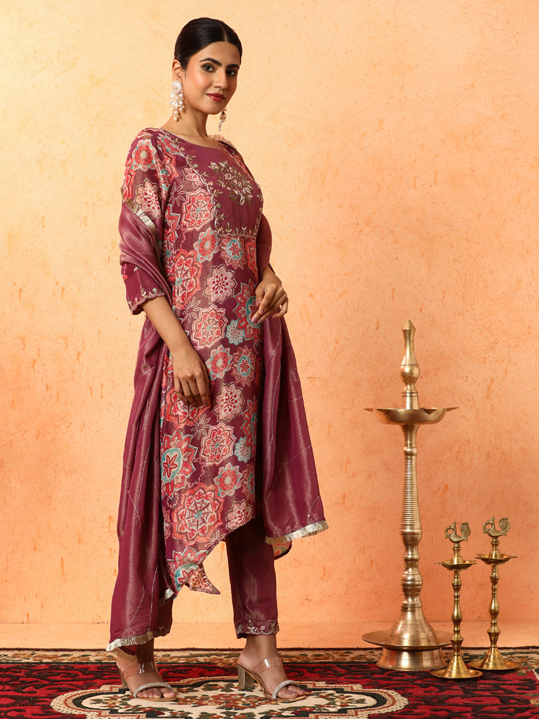 Floral Embroidered A-Line Silk Blend Kurta & Trousers Sets