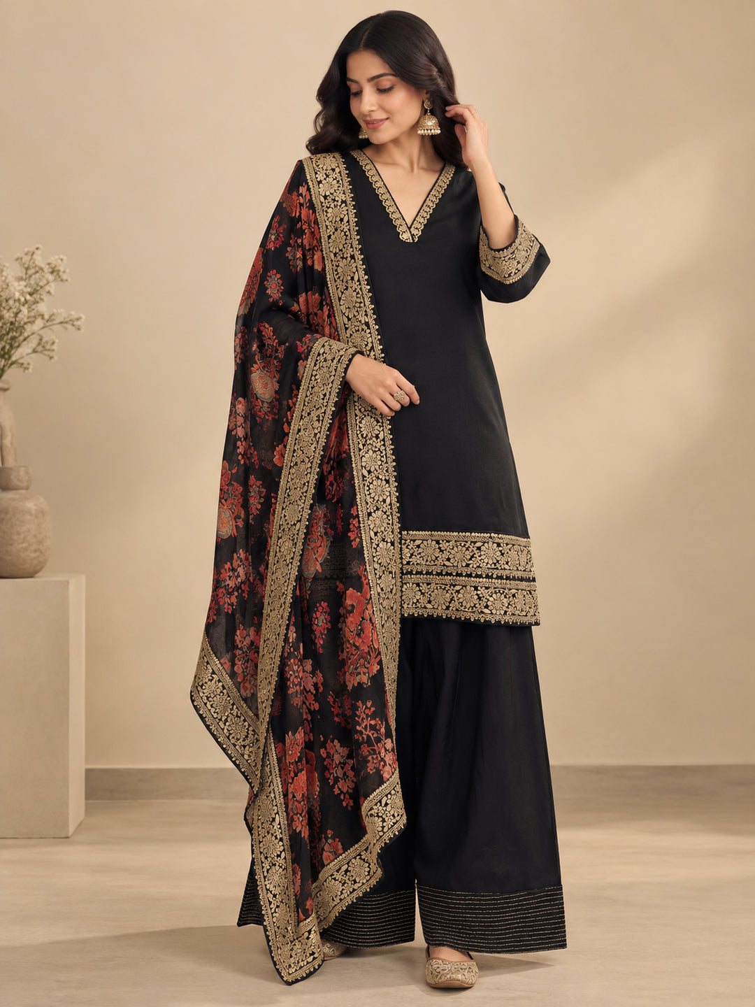 Floral Embroidered Straight Kurta & Salwar Sets