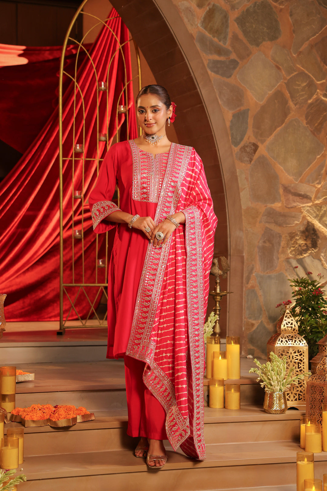 Floral Embroidered Straight Kurta & Palazzos Sets