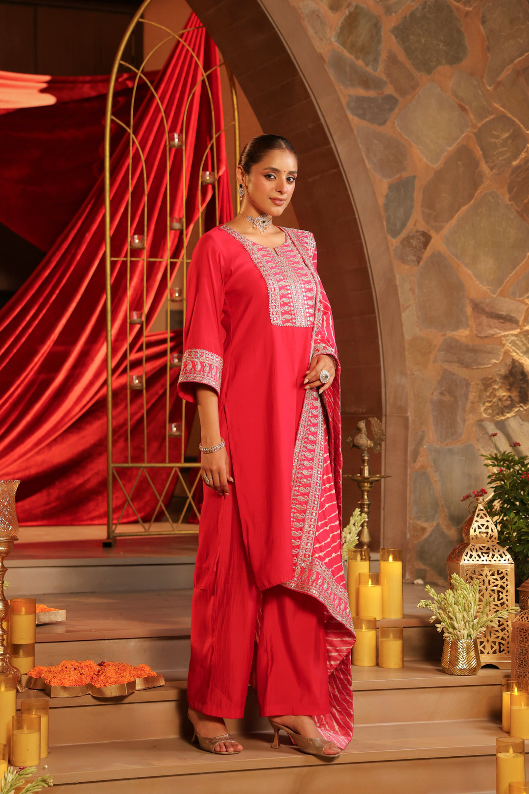 Floral Embroidered Straight Kurta & Palazzos Sets