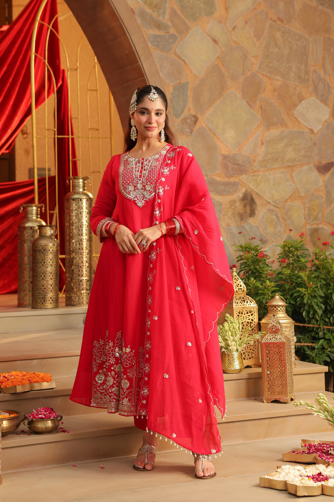 Floral Embroidered A-Line Silk Blend Kurta & Trousers Sets