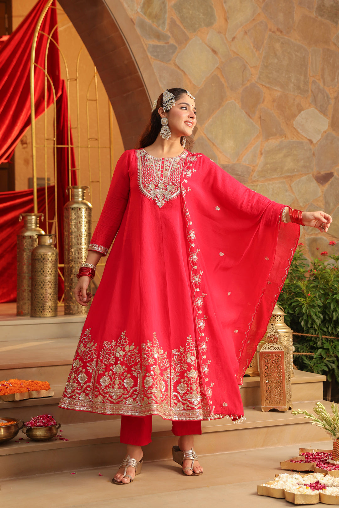 Floral Embroidered A-Line Silk Blend Kurta & Trousers Sets