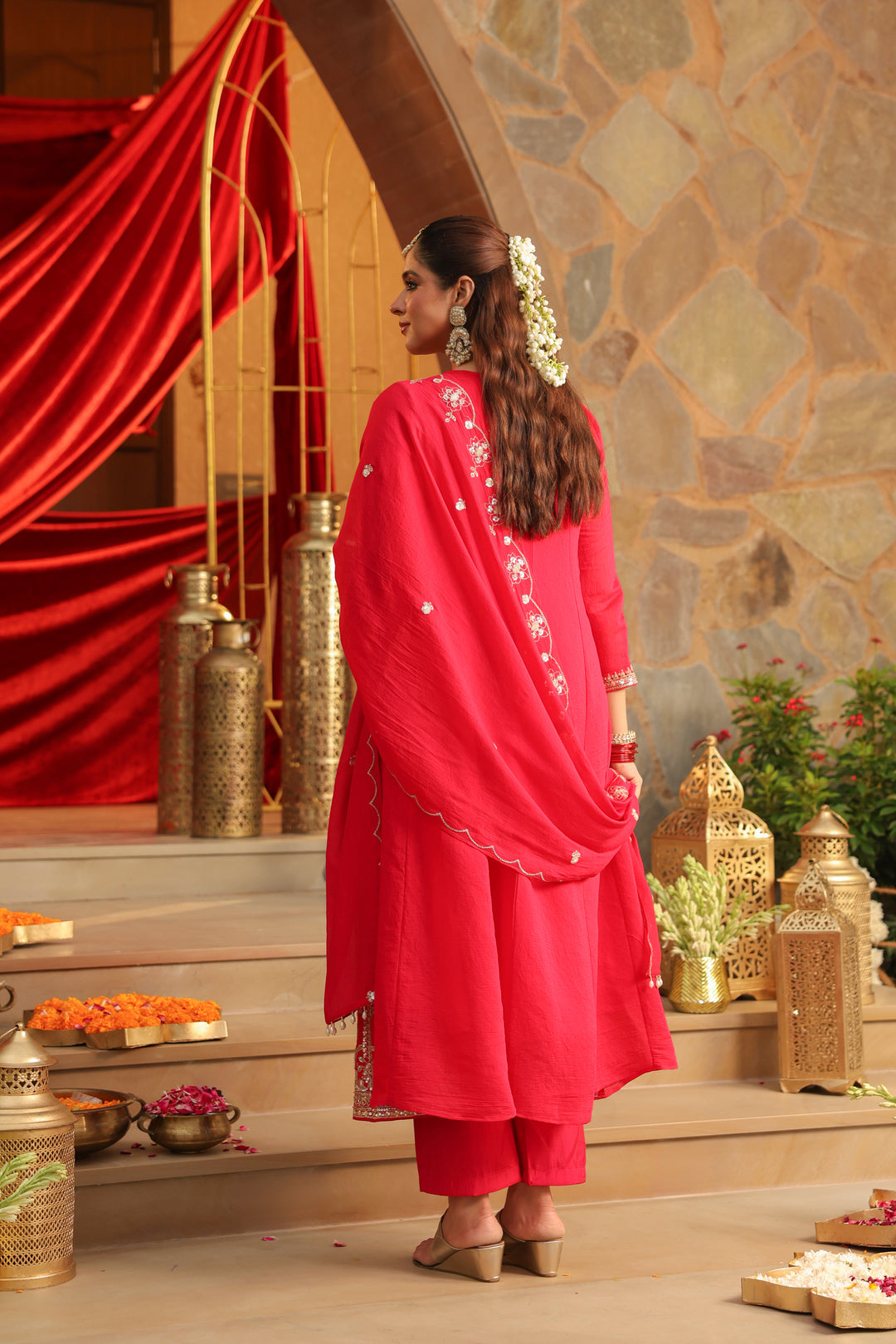 Floral Embroidered A-Line Silk Blend Kurta & Trousers Sets