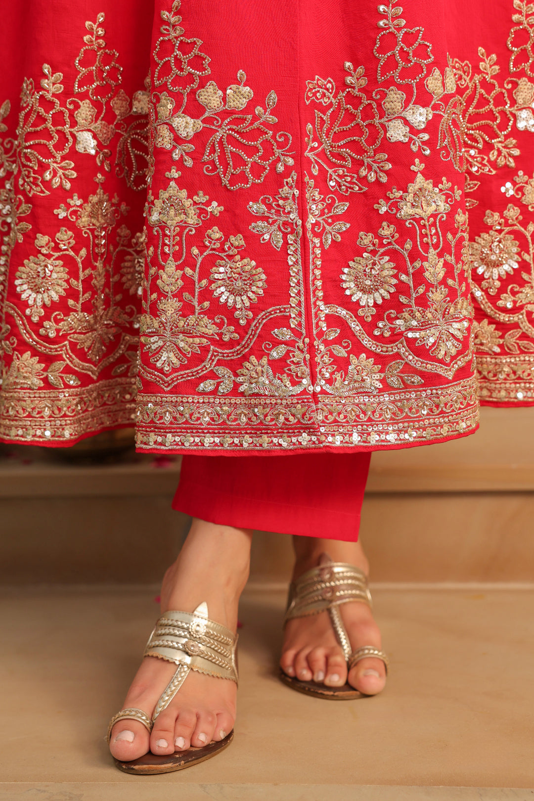 Floral Embroidered A-Line Silk Blend Kurta & Trousers Sets