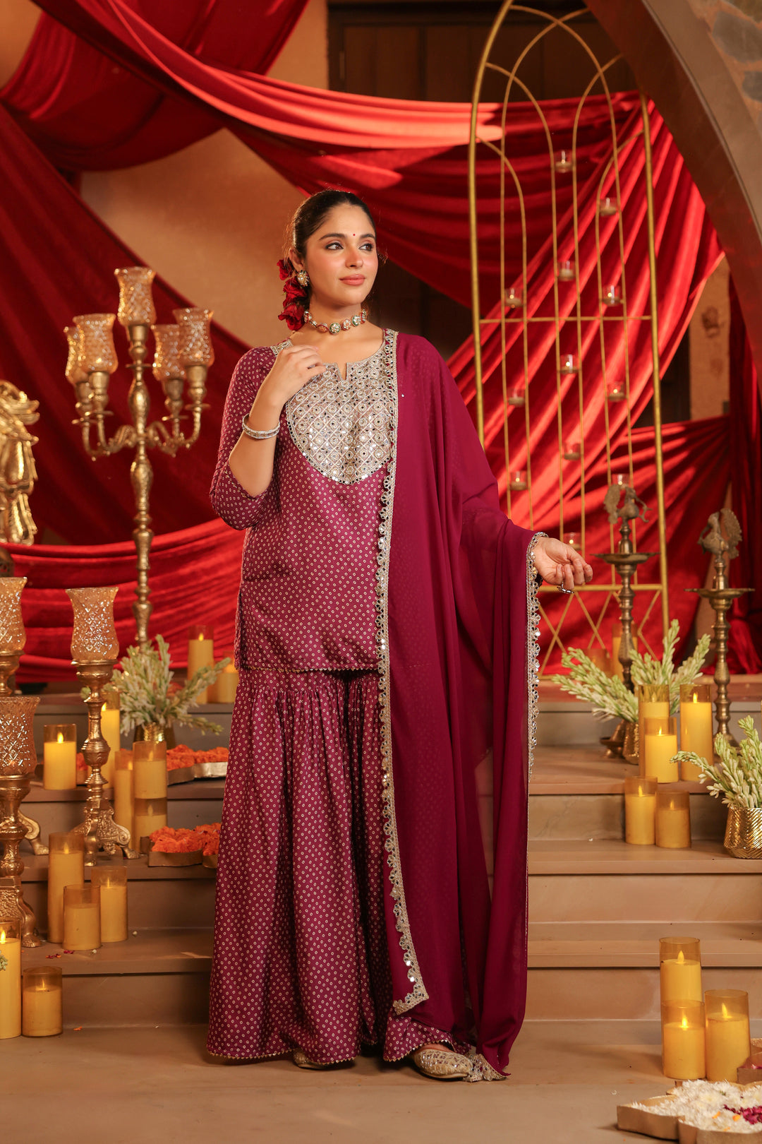 Floral Embroidered Straight Dola Silk Kurta & Sharara Sets