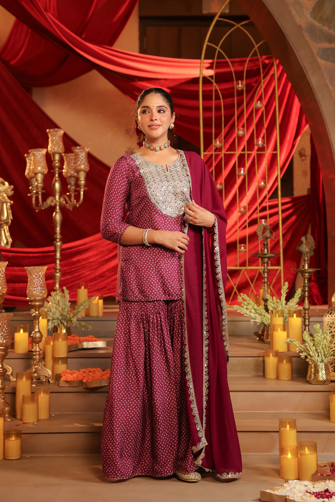 Floral Embroidered Straight Dola Silk Kurta & Sharara Sets