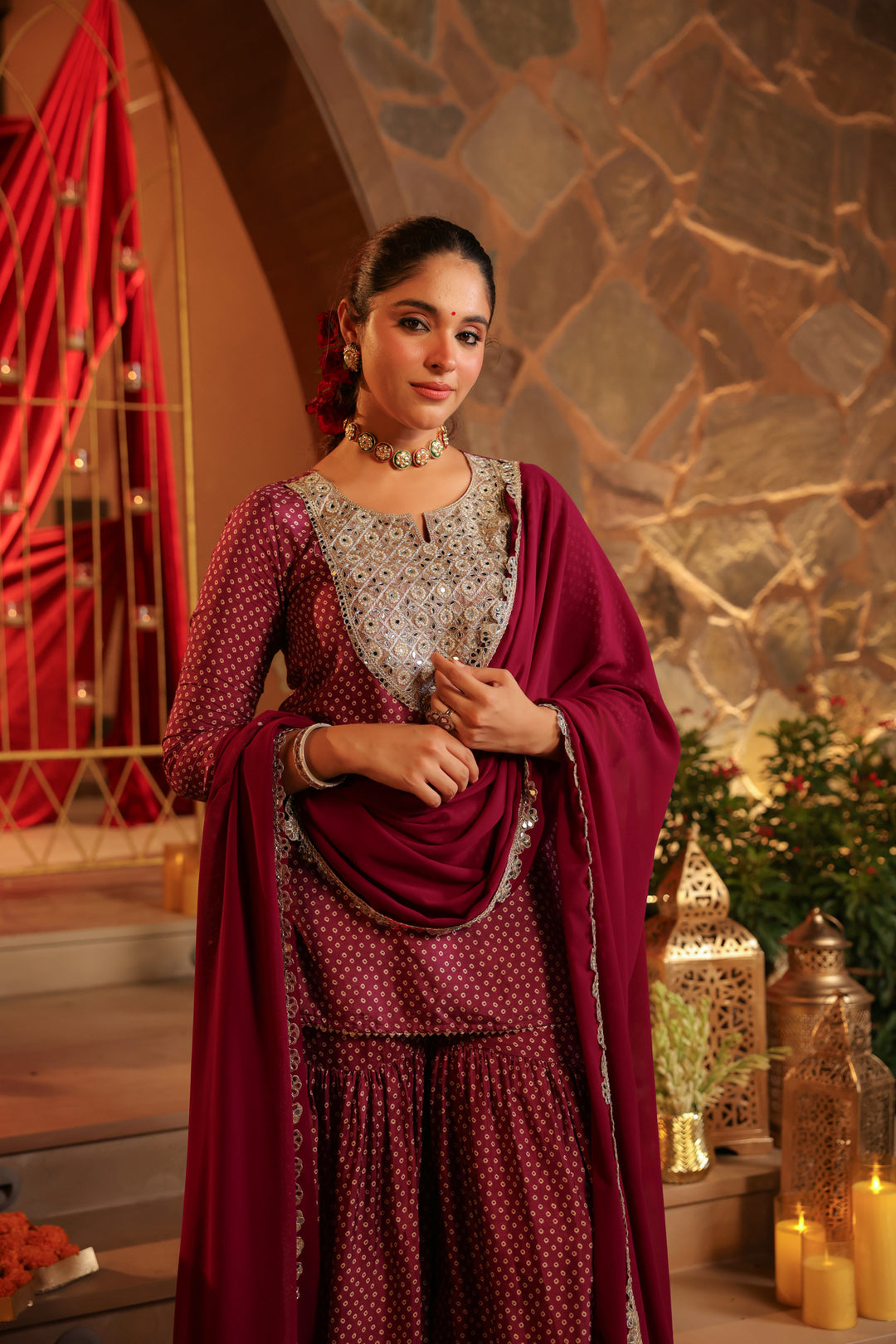 Floral Embroidered Straight Dola Silk Kurta & Sharara Sets