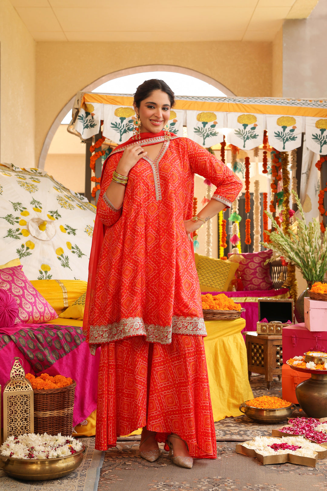 Bandhani Embroidered A-Line Silk Blend Kurta & Sharara Sets