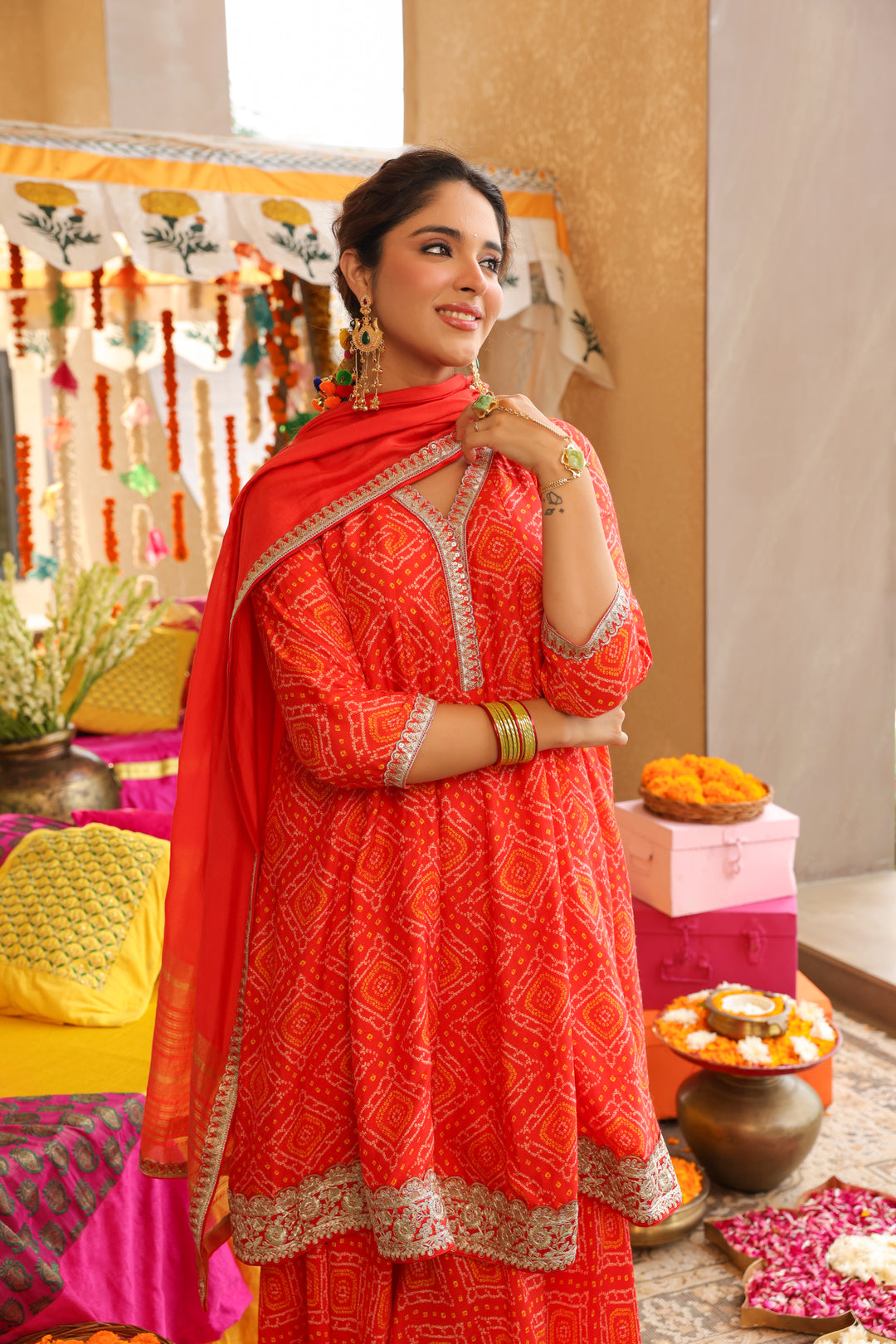 Bandhani Embroidered A-Line Silk Blend Kurta & Sharara Sets