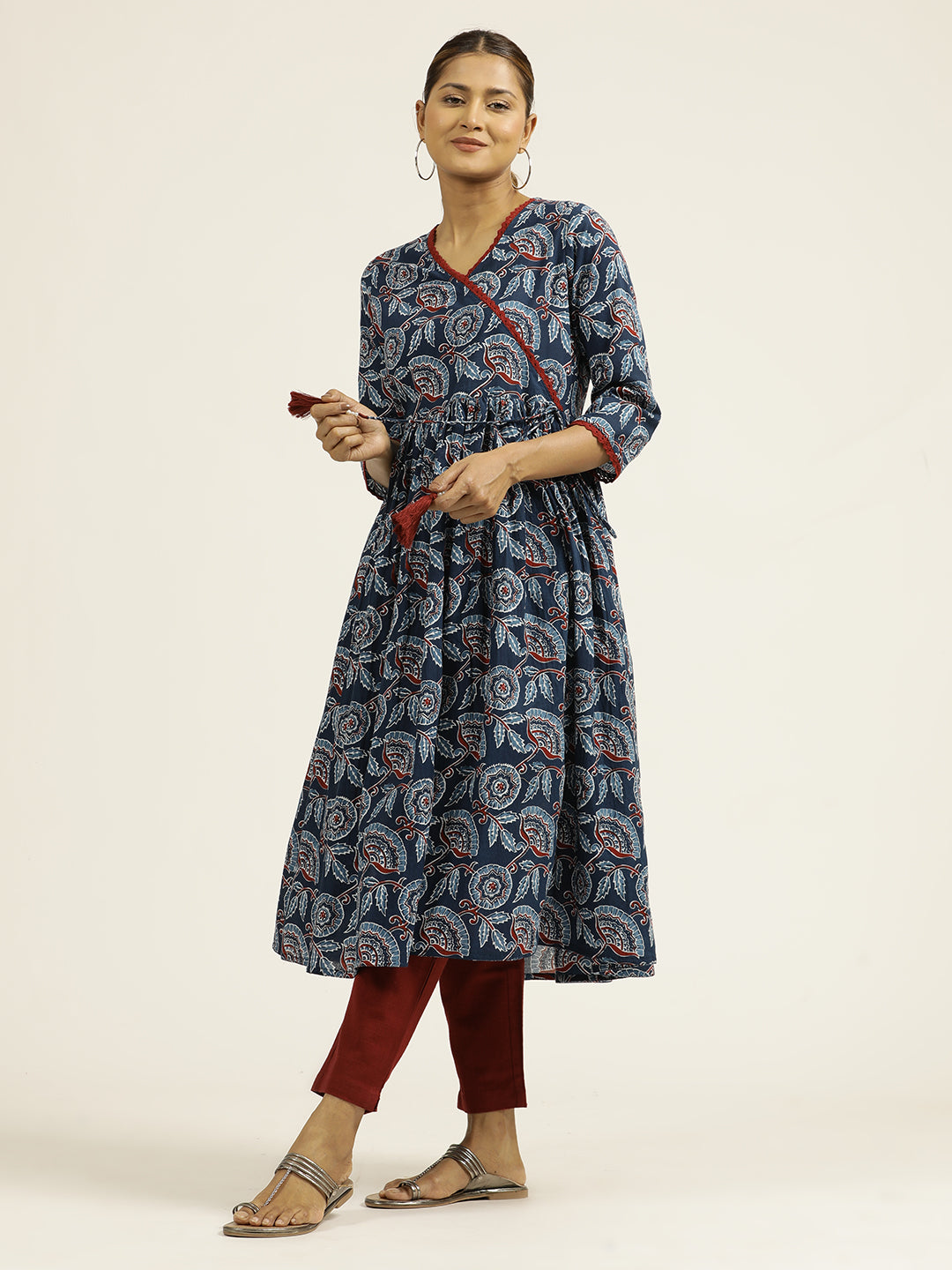 Ethnic Printed Indigo Cotton Gathered Kurta