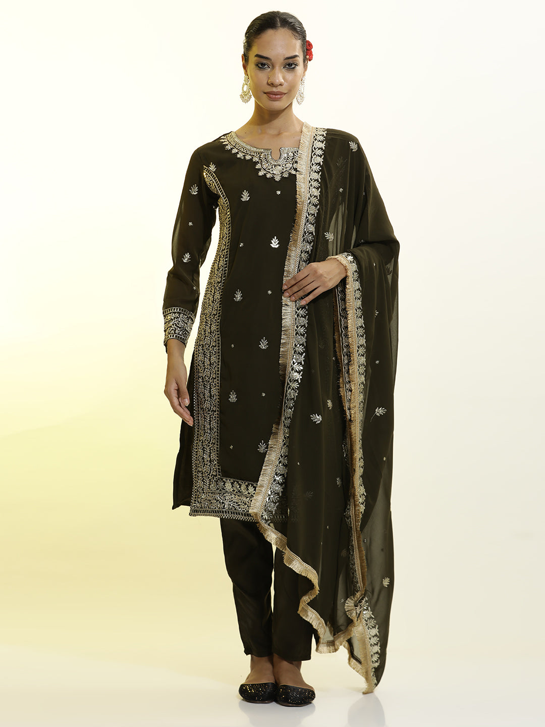 Festive Embroidered Georgette Party Wear Kurta Set With Dupatta