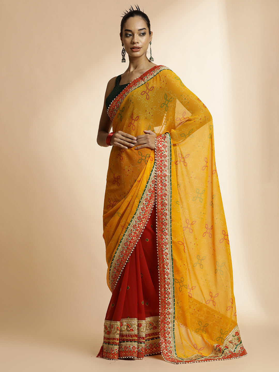 Yellow Festive Bandhani Embroidered Pure Georgette Saree