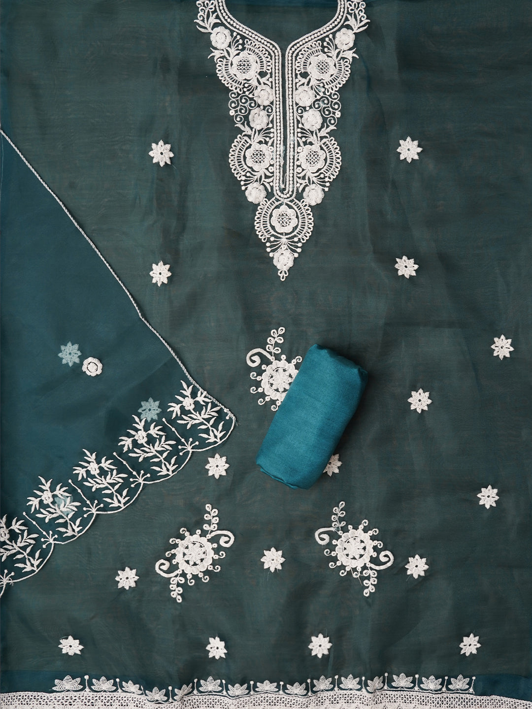 Teal Thread Embroidered Organza Dress Material with Dupatta