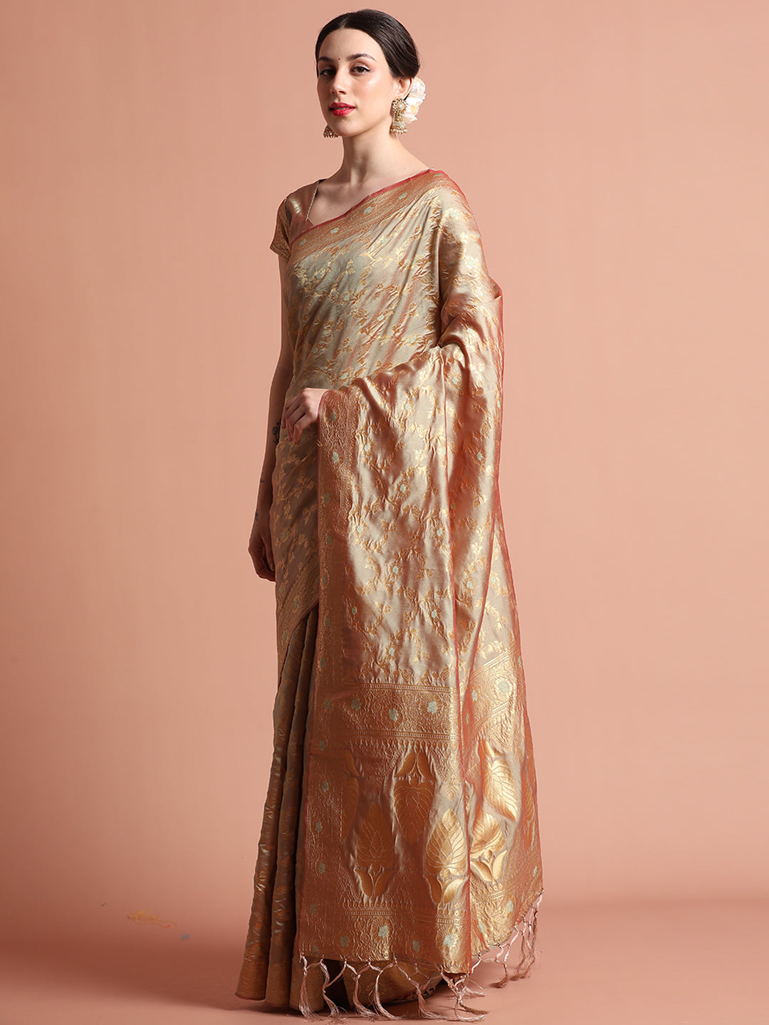 Beige Silk Banarasi Zari Woven Heavy Saree