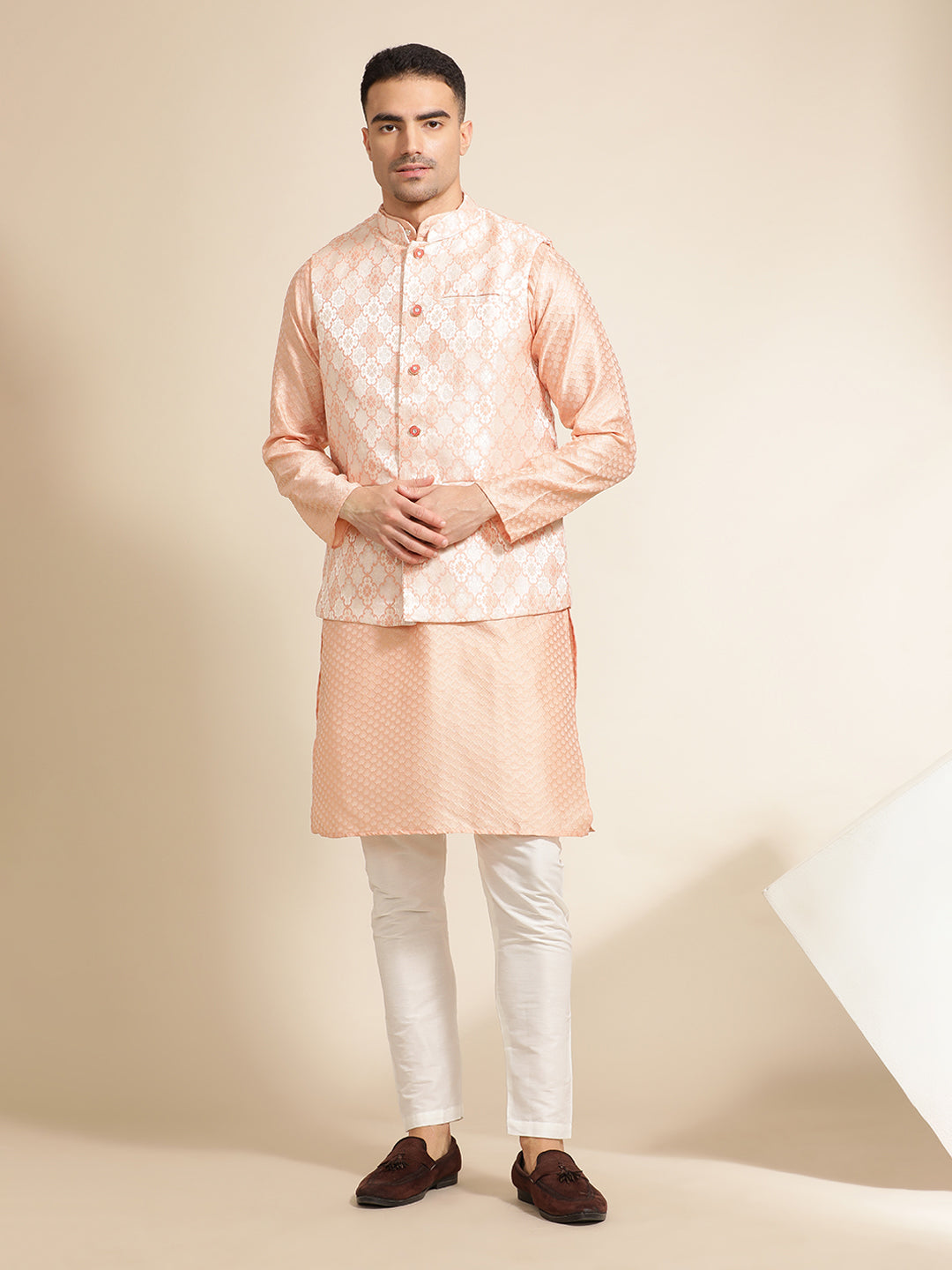 Peach Silk Blend Kurta With Woven Design Nehru Jacket Set