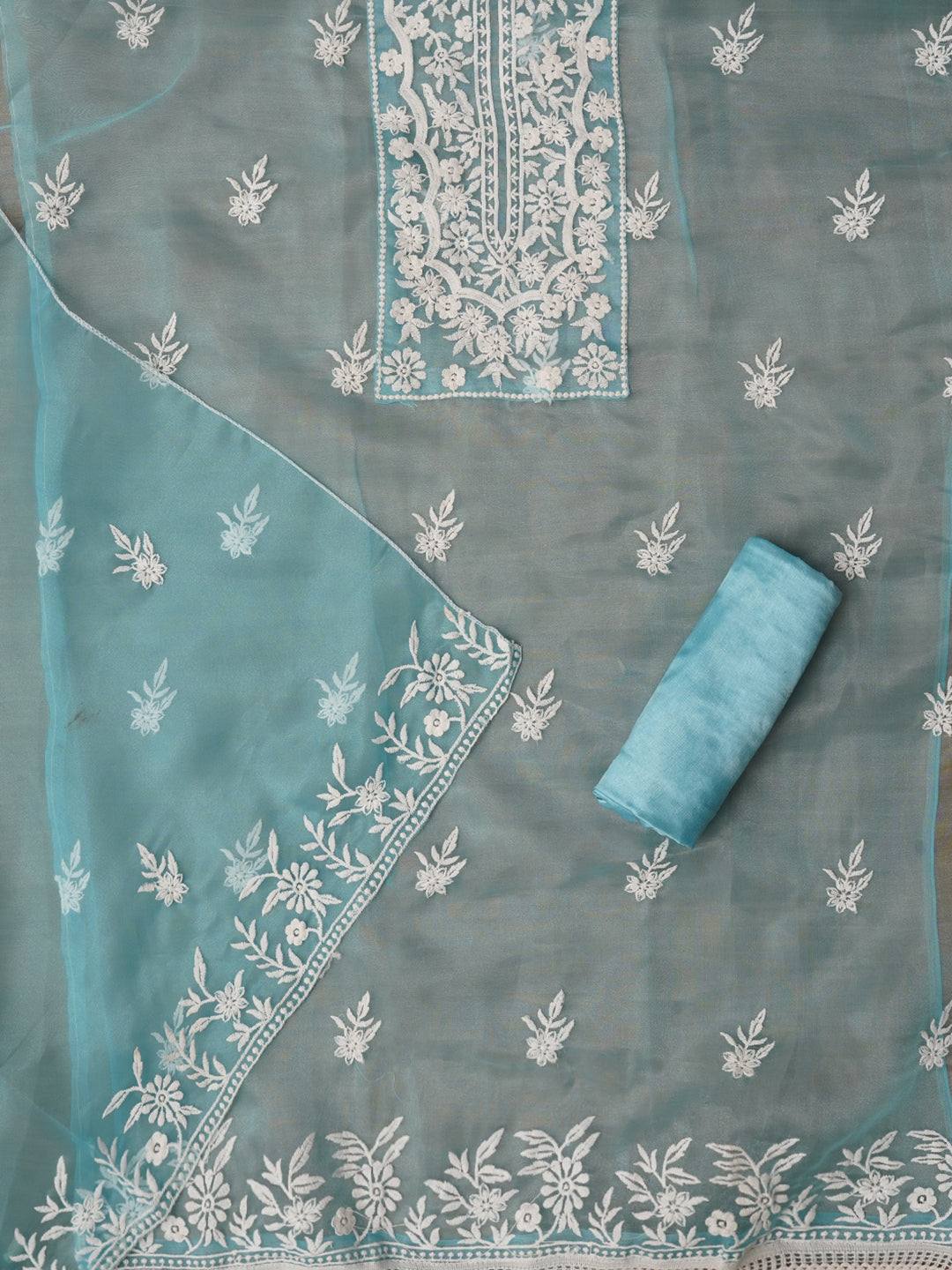 Sky Blue Thread Embroidered Organza Festive Dress Material with Dupatta