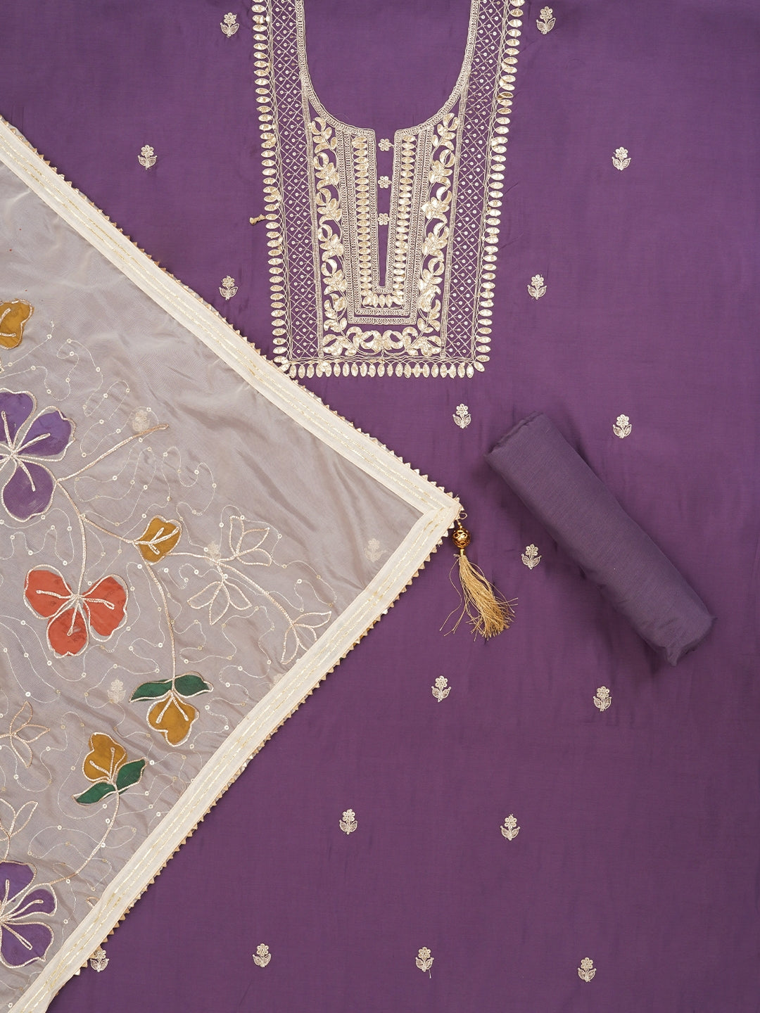 Lavender Handpainted Embroidered Pure Silk Dress Material with Dupatta