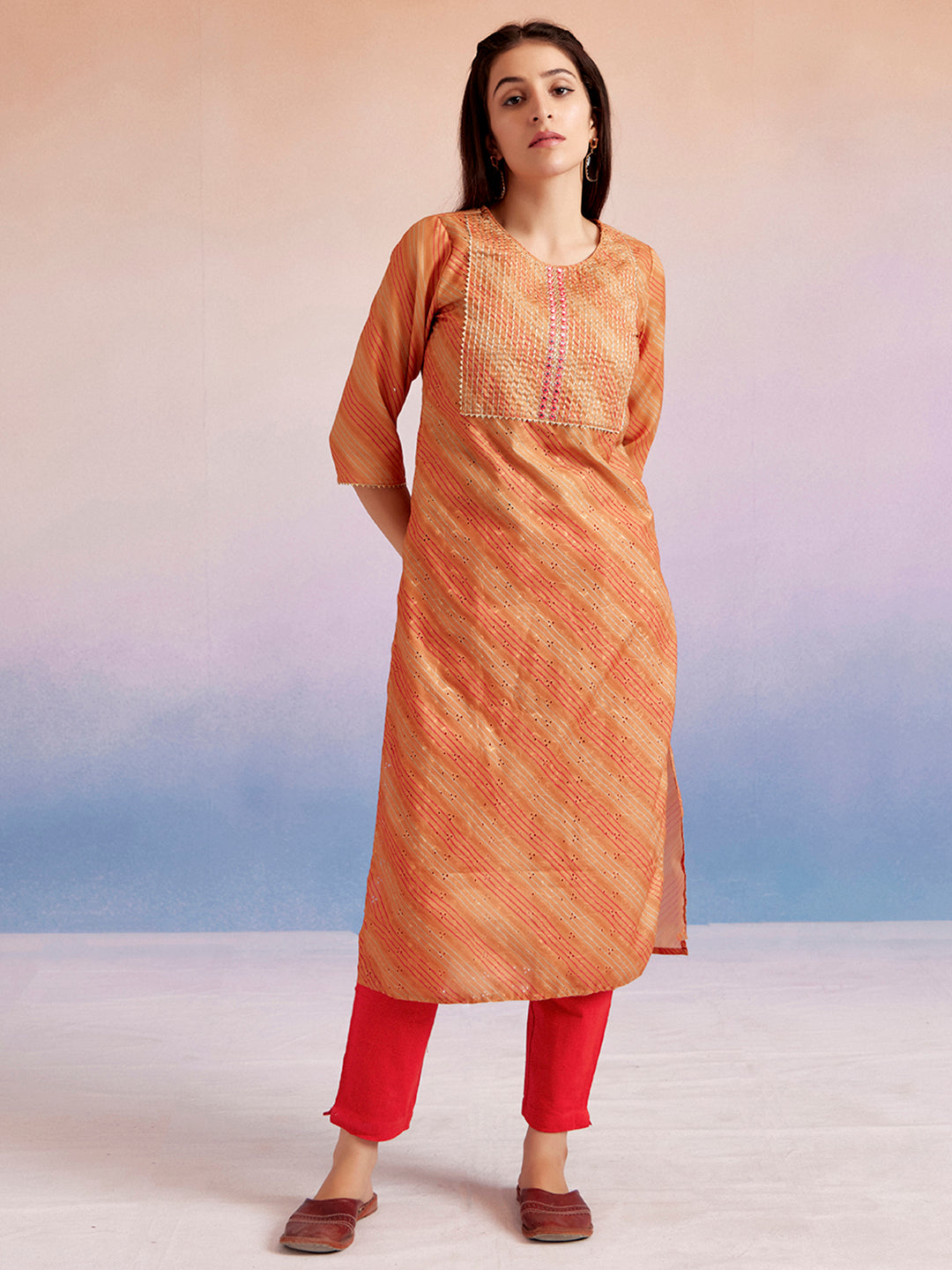 Leheriya Printed Schiffli Orange Straight Kurta