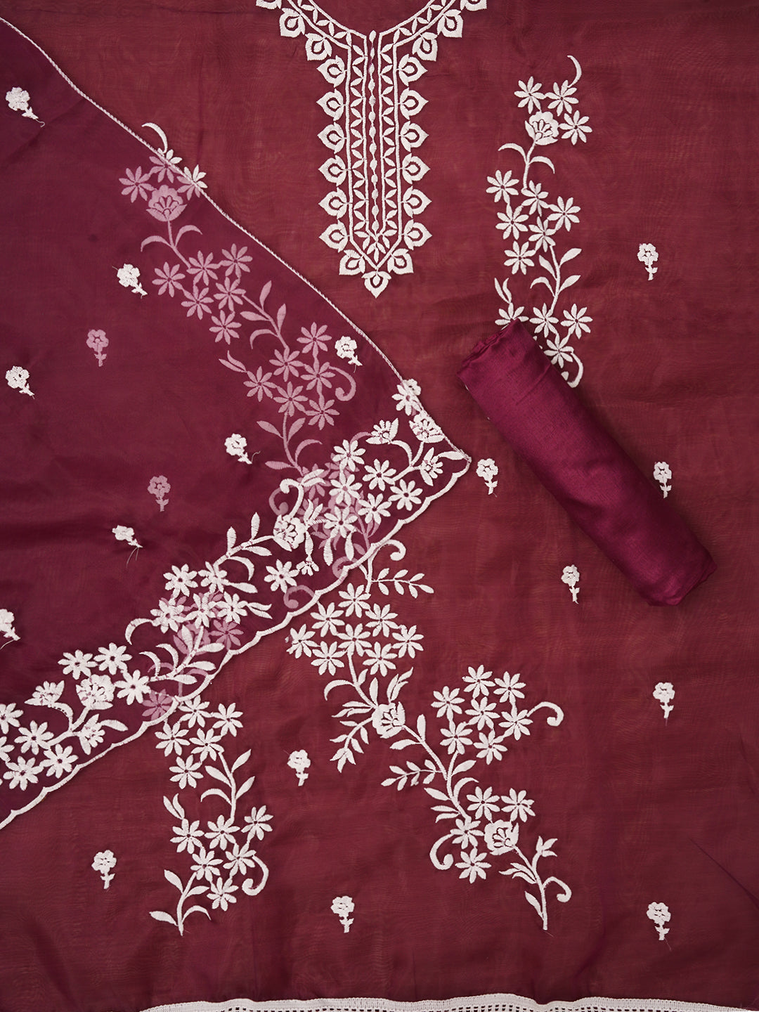 Magenta Floral Embroidered Organza Dress with Dupatta