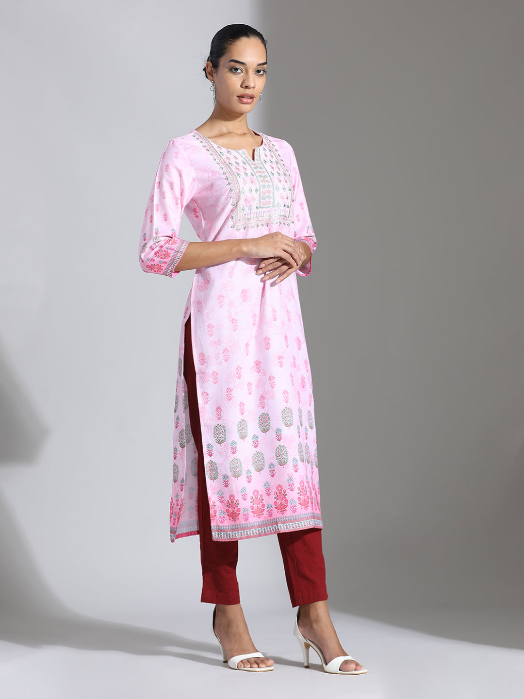 Pink Printed Poly Rayon Straight Kurta