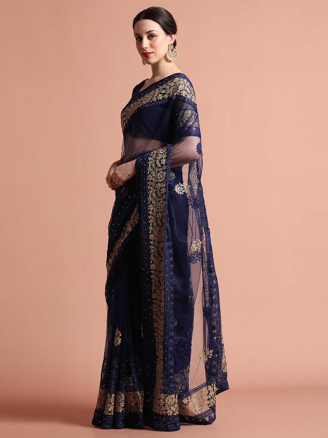 Navy Blue Floral Embroidered Net Party Wear Saree