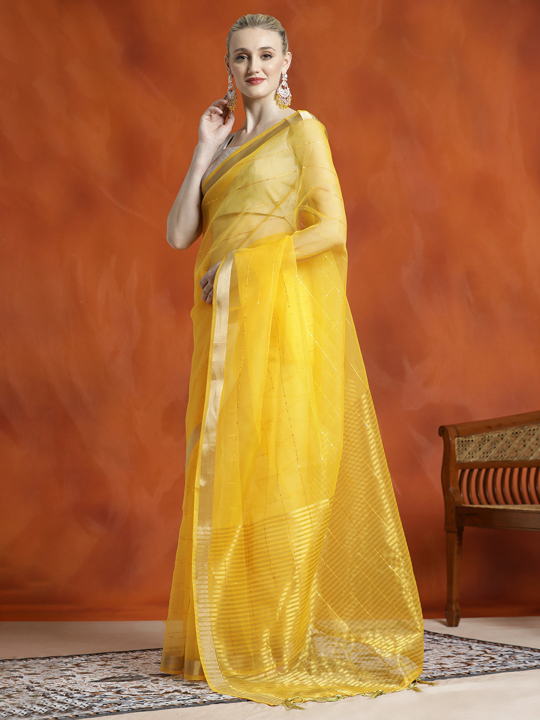 Yellow Sequin Embellished Banarasi Organza Saree