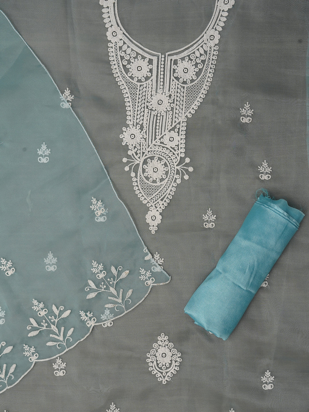 Unstitched Sky Blue Embroidered Organza Dress Material With Dupatta