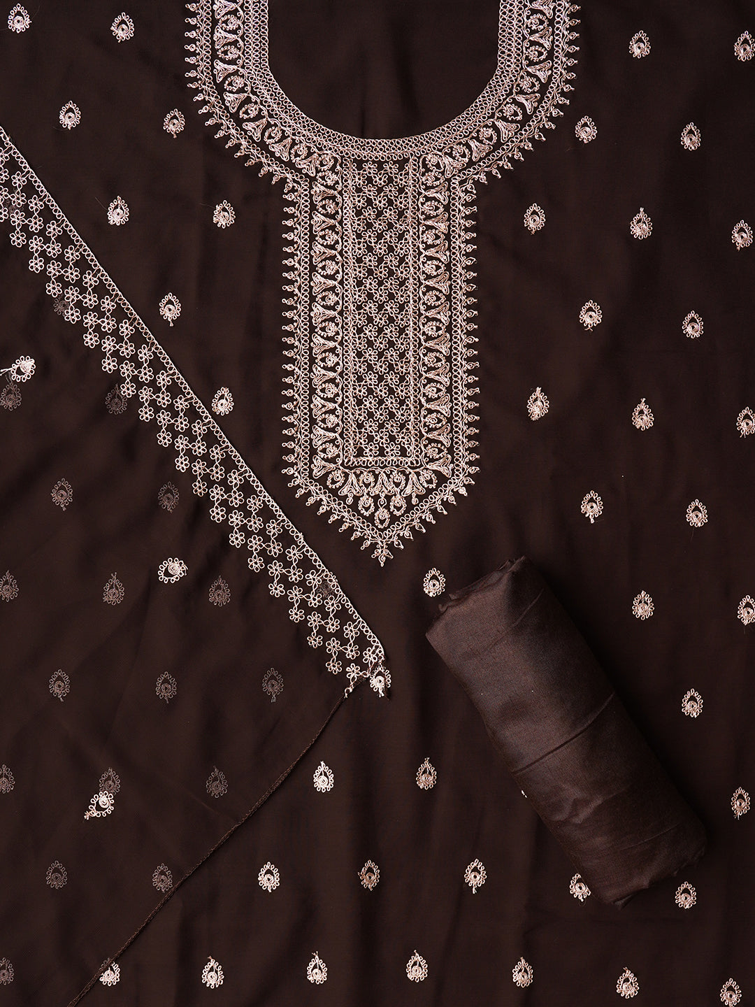 Brown Unstitched Embroidered Silk Georgette Dress Material With Dupatta