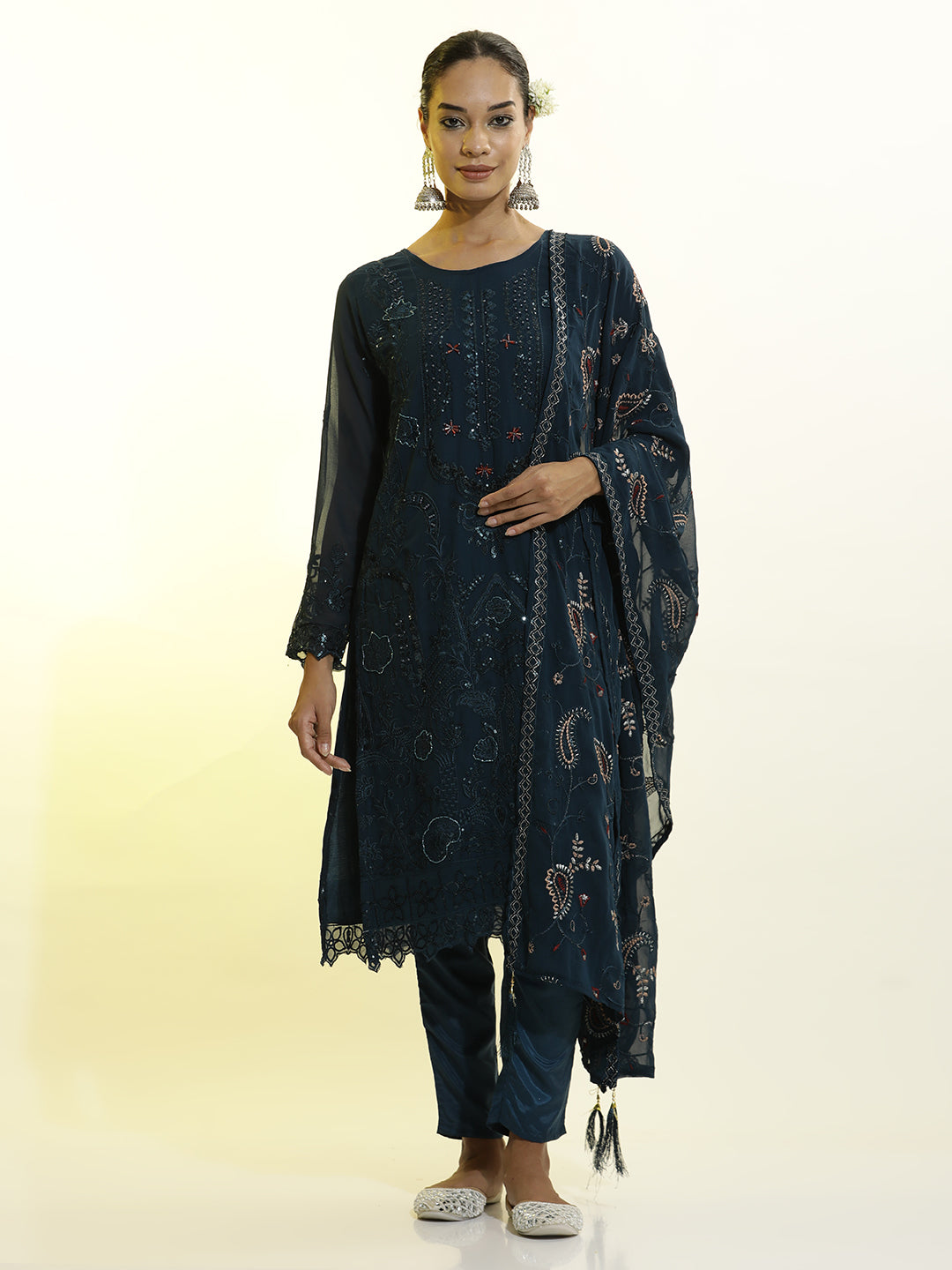 Heavy Embroidered Georgette Festive Kurta Set With Dupatta