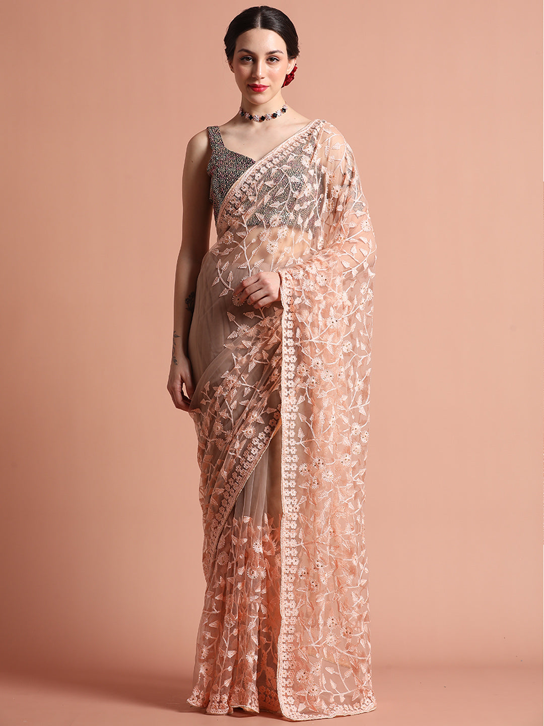 Party Wear Floral Pink Embroidered Net Saree