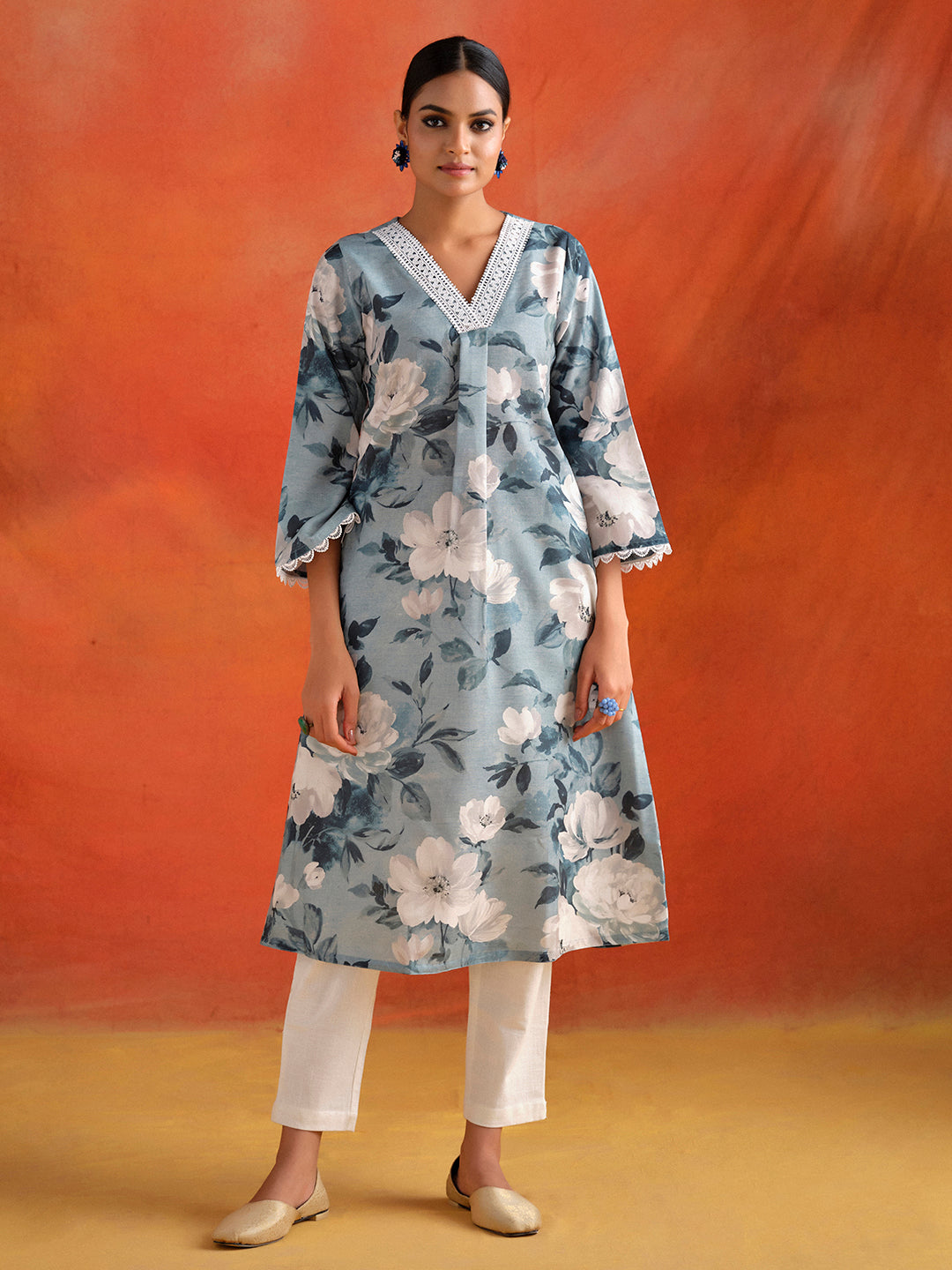 Grey Floral Printed A-line Kurta