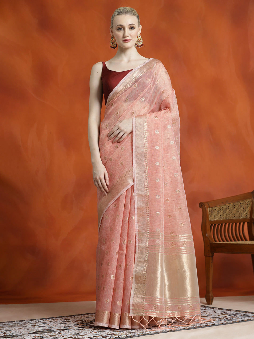 Peach Zari Woven Banarasi Organza Saree