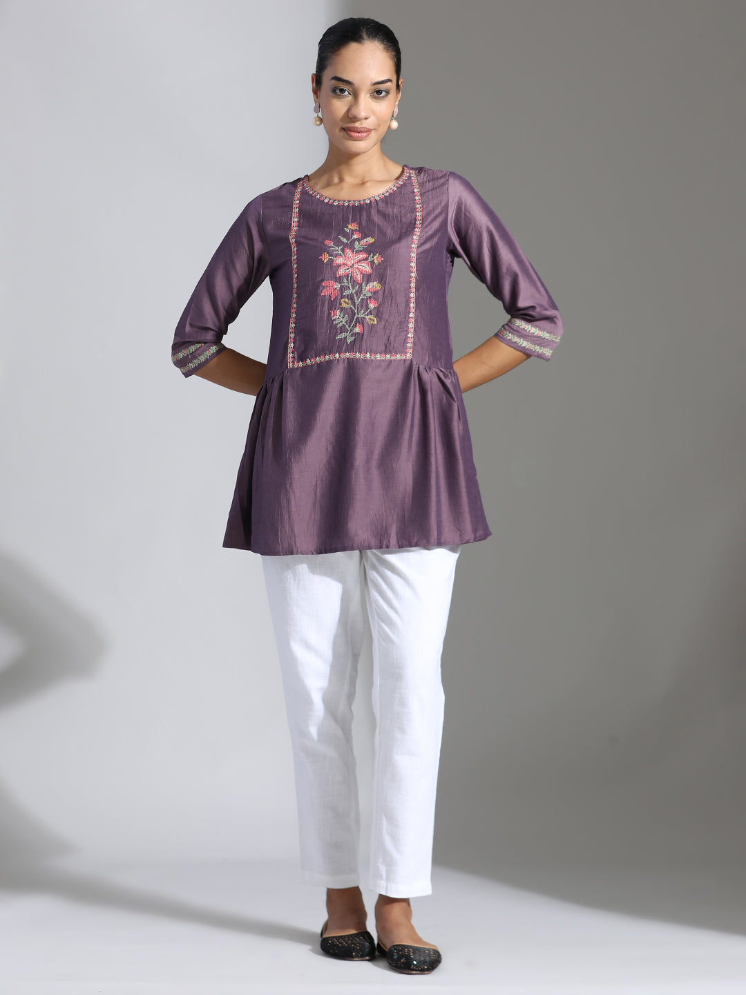 Purple Embroidered Party Wear Peplum Top