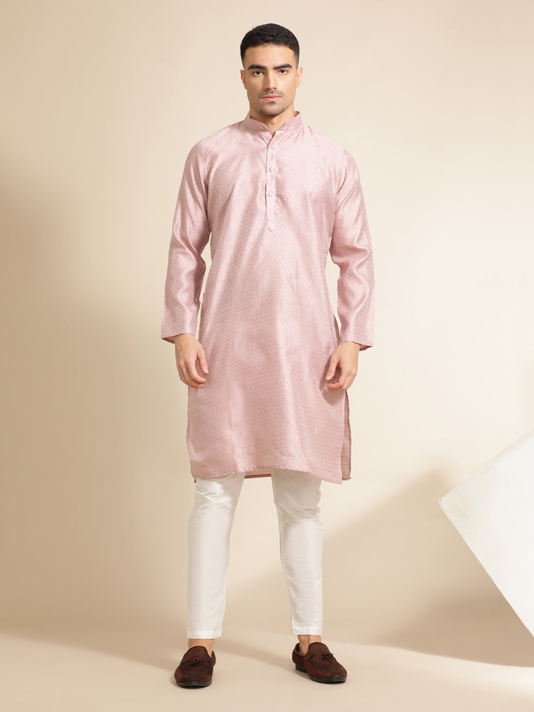 Onion Pink Silk Blend Kurta With Woven Design Nehru Jacket Set