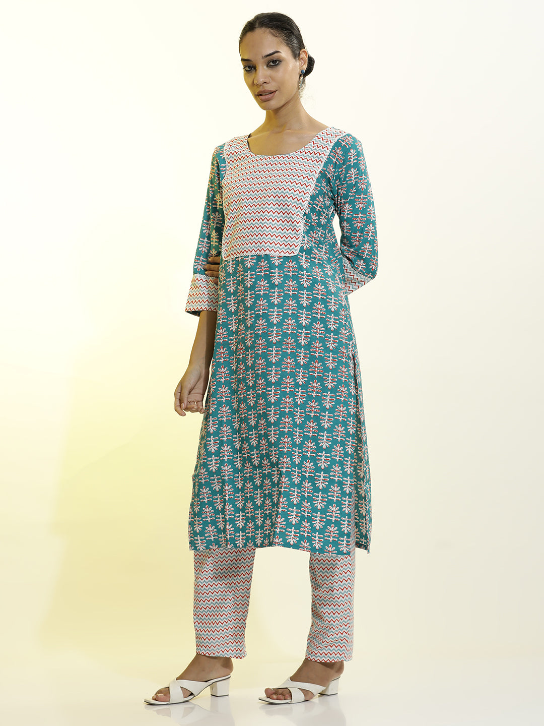 Teal Cotton Printed Straight Kurta Set