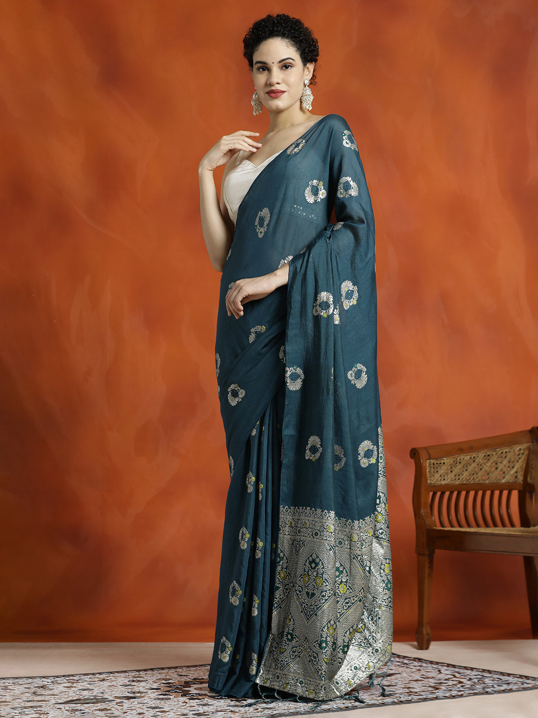 Teal Silk Blend Banarasi Zari Woven Saree