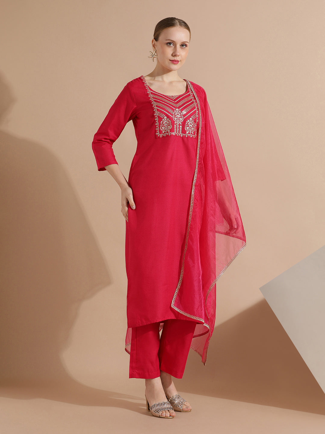 Zari Embroidered Cotton Blend Kurta Set With Dupatta