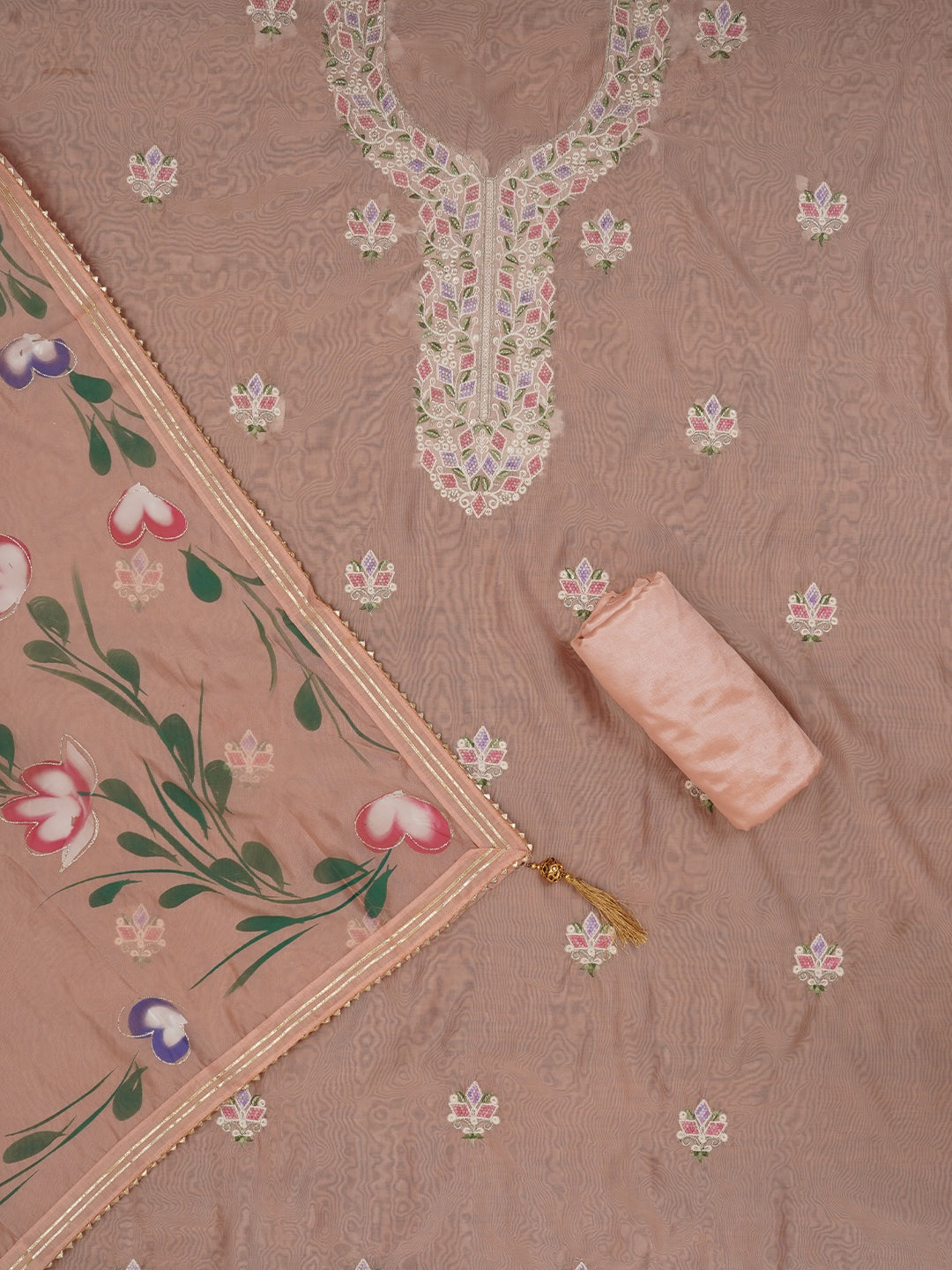 Handpainted Embroidered Pink Dress Material with Dupatta